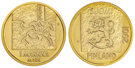 Ausländische Goldmünzen und -medaillen

Finnland

Republik, seit 1917

1 Markkaa 2001. Abschied von der Finnmark. 8,64 g. 750/1000. In Originals...