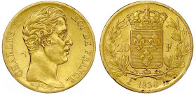 Ausländische Goldmünzen und -medaillen

Frankreich

Charles X., 1824-1830

20 Francs 1830 A. Paris. 6,45 g. 900/1000. fast vorzüglich. Krause/Mi...