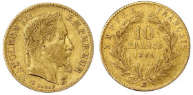 Ausländische Goldmünzen und -medaillen

Frankreich

Napoleon III., 1852-1870

10 Francs Kopf mit Lorbeerkranz 1865 BB, Straßburg. 3,23 g. 900/10...