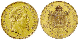 Ausländische Goldmünzen und -medaillen

Frankreich

Napoleon III., 1852-1870

100 Francs 1869 A, Paris. 32,26 g. 900/1000. vorzüglich, kl. Randf...