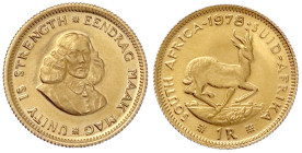 Ausländische Goldmünzen und -medaillen

Südafrika

Republik, seit 1961

1 Rand 1978. 3,99 g. 917/1000. Polierte Platte, min. berieben. Yeoman 63...