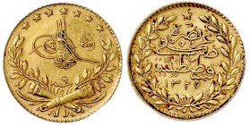 Ausländische Goldmünzen und -medaillen

Türkei/Osmanisches Reich

Muhammad V., 1909-1918 (AH 1327-1336)

25 Kurush AH 1327, Jahr 6 = 1915, Qusti...