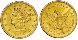 Ausländische Goldmünzen und -medaillen

Vereinigte Staaten von Amerika

Unabhängigkeit, seit 1776

2 1/2 Dollars 1905, Philadelphia. Coronet Hea...