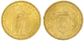 Gold der Habsburger Erblande und Österreichs

Haus Habsburg

Franz Joseph I., 1848-1916

20 Korona 1893 KB. Stehender Herrscher. Für Ungarn. 6,7...