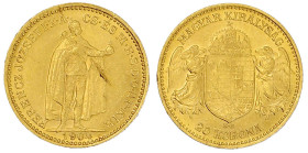 Gold der Habsburger Erblande und Österreichs

Haus Habsburg

Franz Joseph I., 1848-1916

20 Korona 1904 KB. Stehender Herrscher. Für Ungarn. 6,7...