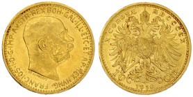 Gold der Habsburger Erblande und Österreichs

Haus Habsburg

Franz Joseph I., 1848-1916

10 Kronen 1910. 3,39 g. 900/1000. vorzüglich/Stempelgla...