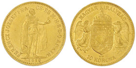 Gold der Habsburger Erblande und Österreichs

Haus Habsburg

Franz Joseph I., 1848-1916

10 Korona 1910 KB. Stehender Herrscher. Für Ungarn. 3,3...
