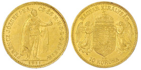 Gold der Habsburger Erblande und Österreichs

Haus Habsburg

Franz Joseph I., 1848-1916

10 Korona 1911 KB. Stehender Herrscher, Ausgabe für Ung...