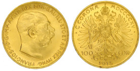 Gold der Habsburger Erblande und Österreichs

Haus Habsburg

Franz Joseph I., 1848-1916

100 Kronen 1915, offizielle Neuprägung. 33,88 g. 900/10...