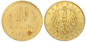 Gold der Habsburger Erblande und Österreichs

Republik Österreich

1. Republik, 1918-1938

100 Schilling 1929. 23,52 g. 900/1000. vorzüglich/Ste...