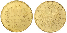 Gold der Habsburger Erblande und Österreichs

Republik Österreich

1. Republik, 1918-1938

100 Schilling 1934. 23,52 g. 900/1000. Auflage nur 93...