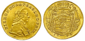 Gold der Habsburger Erblande und Österreichs

Salzburg

Hieronymus Graf von Colloredo, 1772-1803

Dukat 1794. 3,50 g. gutes vorzüglich, winz. Kr...