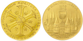 Altdeutsche Goldmünzen und -medaillen

Lübeck-Stadt

Goldmedaille zu 10 Dukaten 1958 von Graul. 800 Jahrfeier der zweiten Stadtgründung. 50 mm; 35...