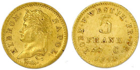 Altdeutsche Goldmünzen und -medaillen

Westfalen-Königreich

Hieronymus Napoleon, 1807-1813

5 Franken 1813 C, Kassel. Mmz. Adlerkopf. 1,60 g. v...