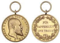 Altdeutsche Goldmünzen und -medaillen

Württemberg

Wilhelm II. 1891-1918

Goldene Medaille für Tapferkeit und Treue, verl. 1914/1918 mit Öse un...