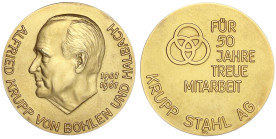Thematische Goldmedaillen

Firmen

Krupp Stahl AG

Goldmedaille für 50 Jahre treue Mitarbeit o.J. Kopf Alfred Krupp von Bohlen und Halbach 1907-...