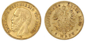 Reichsgoldmünzen

Baden

Friedrich I., 1856-1907

5 Mark 1877 G. gutes vorzüglich, kl. Randfehler. Jaeger 185.