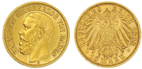 Reichsgoldmünzen

Baden

Friedrich I., 1856-1907

10 Mark 1898 G. vorzüglich/Stempelglanz. Jaeger 188.