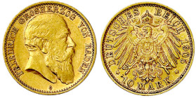 Reichsgoldmünzen

Baden

Friedrich I., 1856-1907

10 Mark 1905 G. Besseres Jahr. gutes vorzüglich. Jaeger 190.
