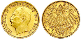 Reichsgoldmünzen

Baden

Friedrich II., 1907-1918

10 Mark 1912 G. Var. mit offener 0 in Wertzahl. vorzüglich/Stempelglanz. Jaeger 191.
