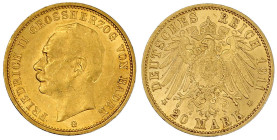 Reichsgoldmünzen

Baden

Friedrich II., 1907-1918

20 Mark 1911 G. gutes vorzüglich. Jaeger 192.
