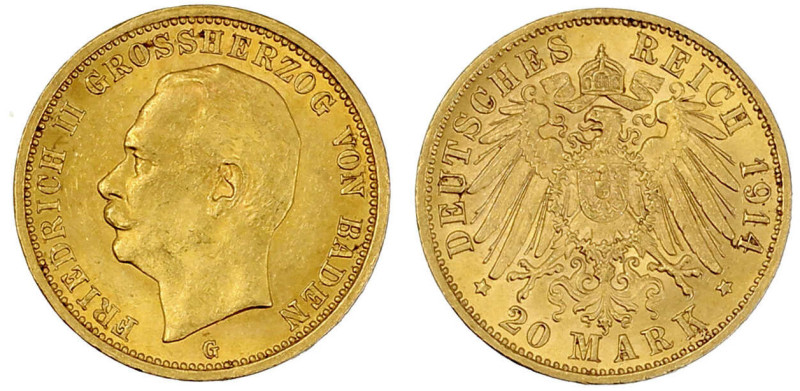 Reichsgoldmünzen

Baden

Friedrich II., 1907-1918

20 Mark 1914 G. vorzügl...