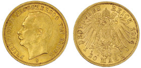 Reichsgoldmünzen

Baden

Friedrich II., 1907-1918

20 Mark 1914 G. vorzüglich/Stempelglanz. Jaeger 192.