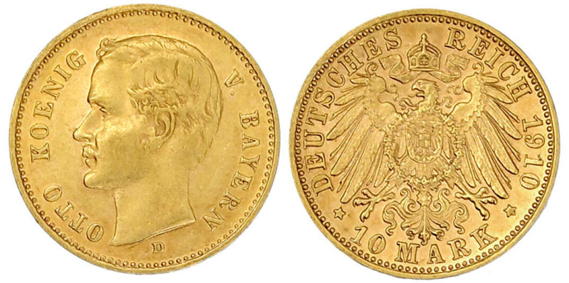 Reichsgoldmünzen

Bayern

Otto, 1886-1913

10 Mark 1910 D. vorzüglich/Stem...