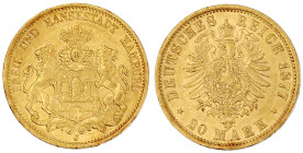 Reichsgoldmünzen

Hamburg

20 Mark 1877 J. vorzüglich. Jaeger 210.
