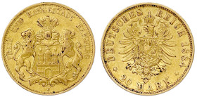 Reichsgoldmünzen

Hamburg

20 Mark 1884 J. gutes sehr schön, min. Randfehler. Jaeger 210.