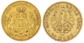Reichsgoldmünzen

Hamburg

20 Mark 1884 J. gutes sehr schön, min. Randfehler. Jaeger 210.