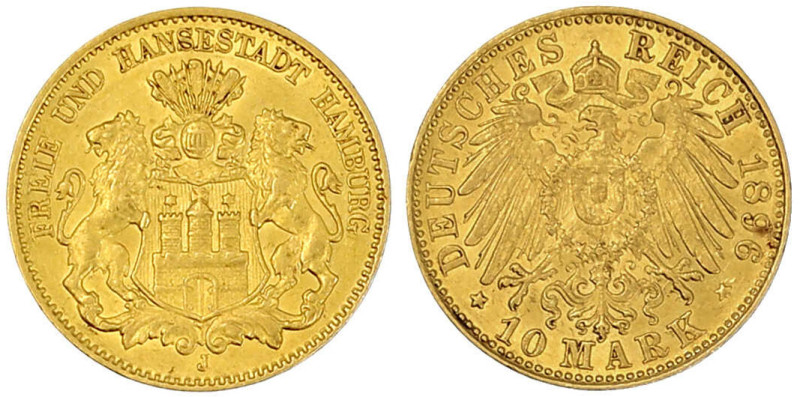 Reichsgoldmünzen

Hamburg

10 Mark 1896 J. vorzüglich. Jaeger 211.