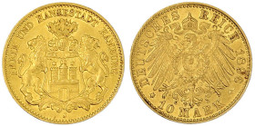 Reichsgoldmünzen

Hamburg

10 Mark 1896 J. vorzüglich. Jaeger 211.