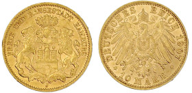 Reichsgoldmünzen

Hamburg

10 Mark 1907 J. vorzüglich/Stempelglanz, min. Randfehler. Jaeger 211.