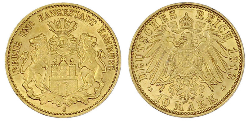 Reichsgoldmünzen

Hamburg

10 Mark 1913 J. fast Stempelglanz, Prachtexemplar...