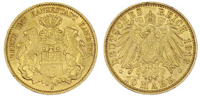 Reichsgoldmünzen

Hamburg

10 Mark 1913 J. fast Stempelglanz, Prachtexemplar. Jaeger 211.