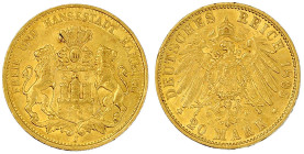 Reichsgoldmünzen

Hamburg

20 Mark 1895 J. sehr schön/vorzüglich, kl. Randfehler. Jaeger 212.