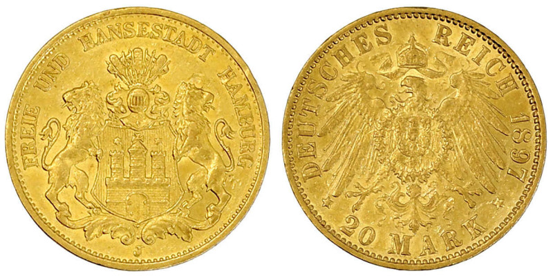 Reichsgoldmünzen

Hamburg

20 Mark 1897 J. vorzüglich, Randfehler. Jaeger 21...