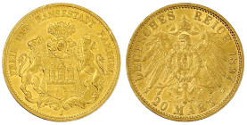 Reichsgoldmünzen

Hamburg

20 Mark 1897 J. vorzüglich, Randfehler. Jaeger 212.