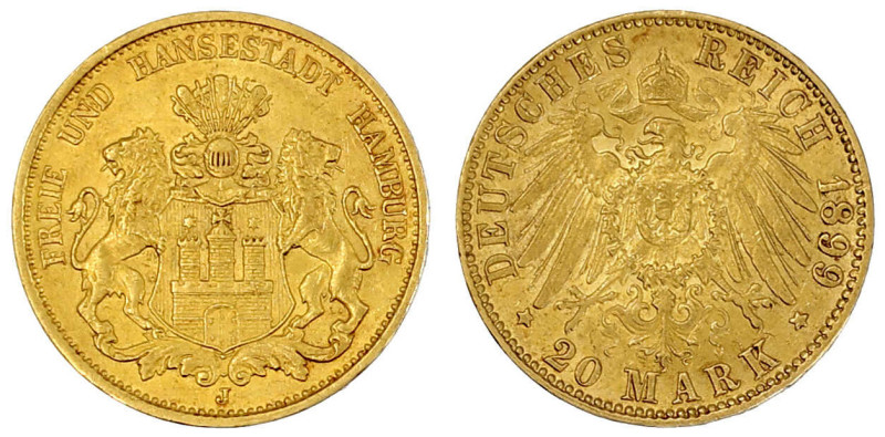 Reichsgoldmünzen

Hamburg

20 Mark 1899 J. vorzüglich. Jaeger 212.
