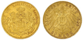 Reichsgoldmünzen

Hamburg

20 Mark 1899 J. vorzüglich. Jaeger 212.