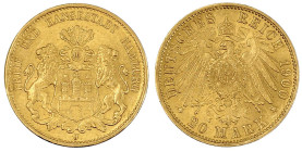 Reichsgoldmünzen

Hamburg

20 Mark 1900 J. vorzüglich/Stempelglanz. Jaeger 212.