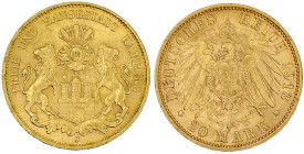Reichsgoldmünzen

Hamburg

20 Mark 1913 J. vorzüglich/Stempelglanz, kl. Randfehler. Jaeger 212.