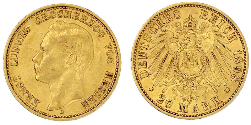 Reichsgoldmünzen

Hessen

Ernst Ludwig, 1892-1918

20 Mark 1898 A. sehr sc...