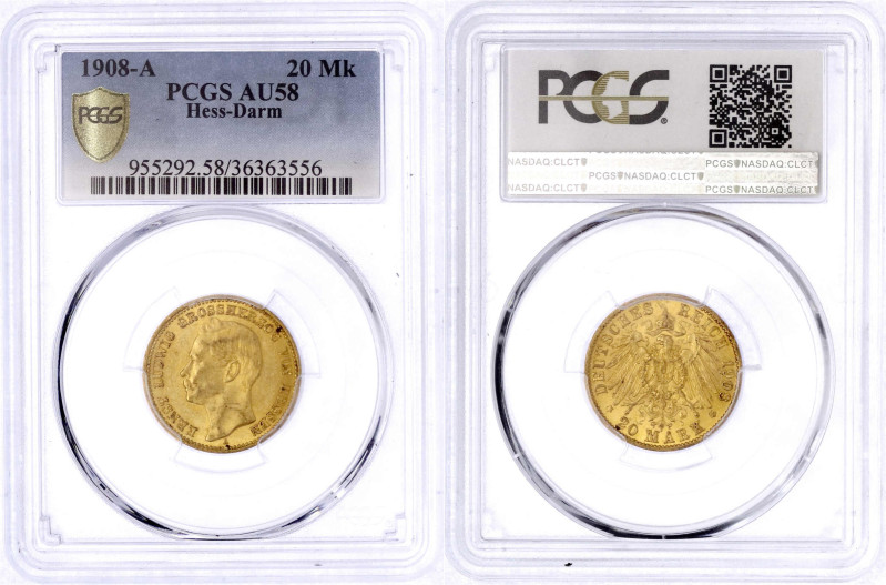 Reichsgoldmünzen

Hessen

Ernst Ludwig, 1892-1918

20 Mark 1908 A. Im PCGS...