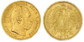 Reichsgoldmünzen

Preußen

Wilhelm I., 1861-1888

10 Mark 1872 A. fast Stempelglanz. Jaeger 242.
