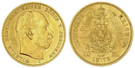 Reichsgoldmünzen

Preußen

Wilhelm I., 1861-1888

10 Mark 1872 C. vorzüglich/Stempelglanz aus Erstabschlag, prägebed. Randunebenheiten. Jaeger 2...