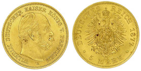 Reichsgoldmünzen

Preußen

Wilhelm I., 1861-1888

5 Mark 1877 A. vorzüglich/Stempelglanz, Prachtexemplar. Jaeger 244.