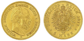 Reichsgoldmünzen

Preußen

Wilhelm I., 1861-1888

5 Mark 1877 B. vorzüglich/Stempelglanz. Jaeger 244.