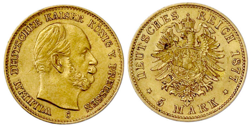 Reichsgoldmünzen

Preußen

Wilhelm I., 1861-1888

5 Mark 1877 C. vorzüglic...